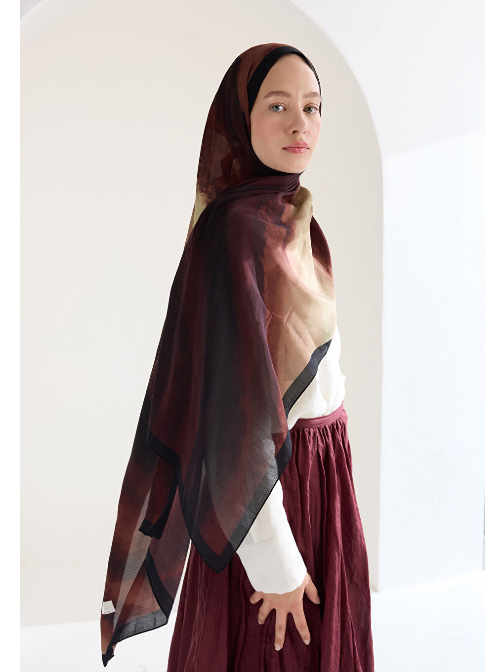 Kahverengi Ombre Floş Viskon Şal Kızıl Kahve