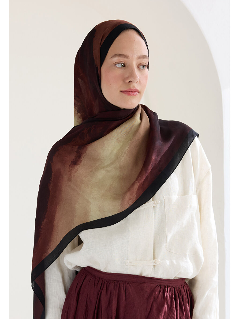 Kahverengi Ombre Floş Viskon Şal Kızıl Kahve-2