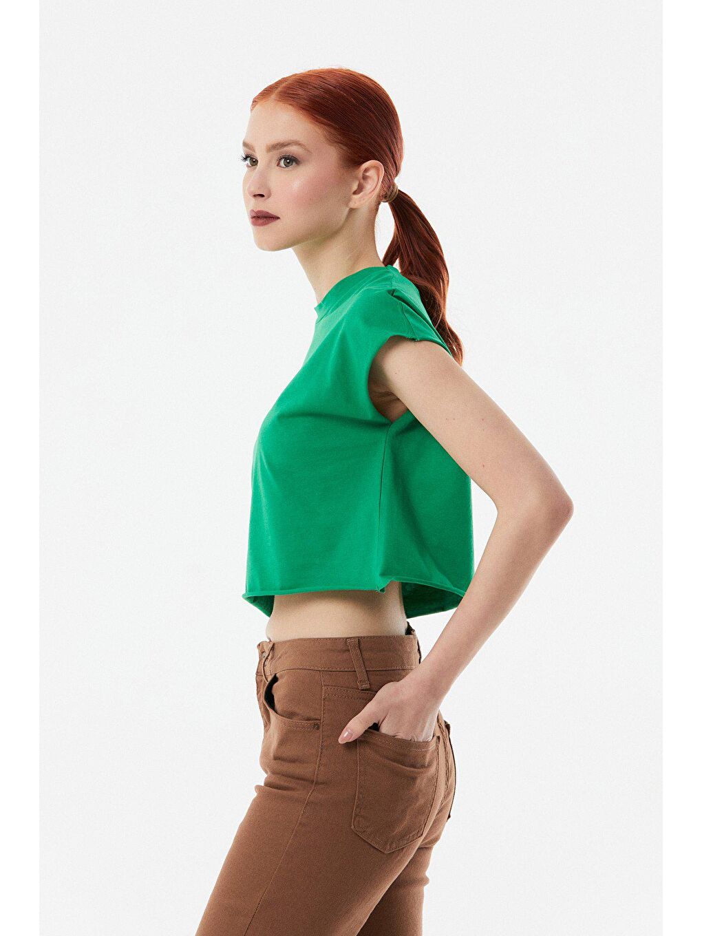 Yeşil Baskılı Bisiklet Yaka Salaş Crop Tişört-2