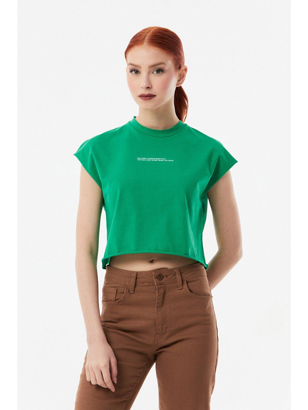 Yeşil Baskılı Bisiklet Yaka Salaş Crop Tişört-3