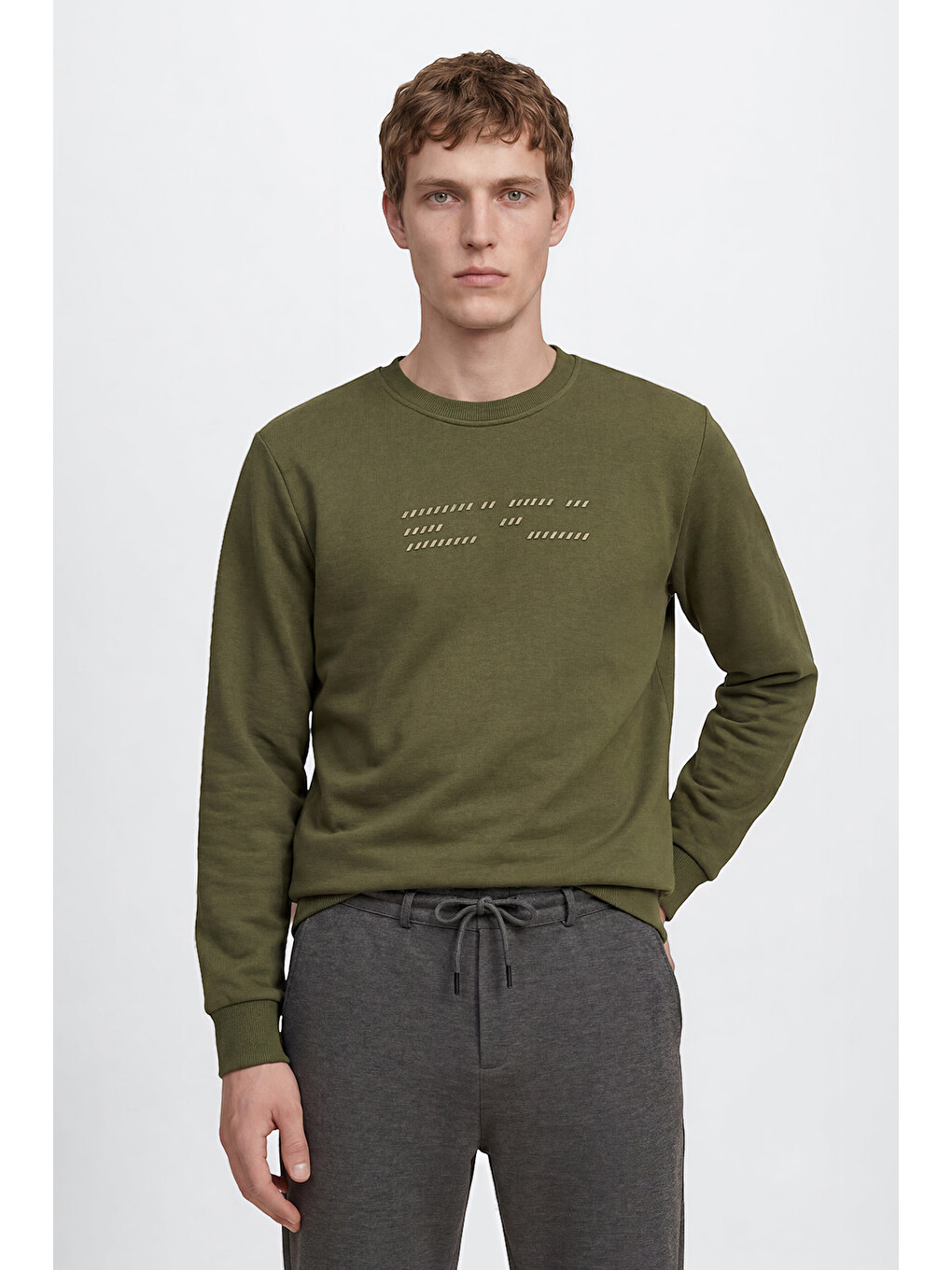 Erkek Haki Pamuklu Standart Fit Normal Kesim Bisiklet Yaka Sweatshirt