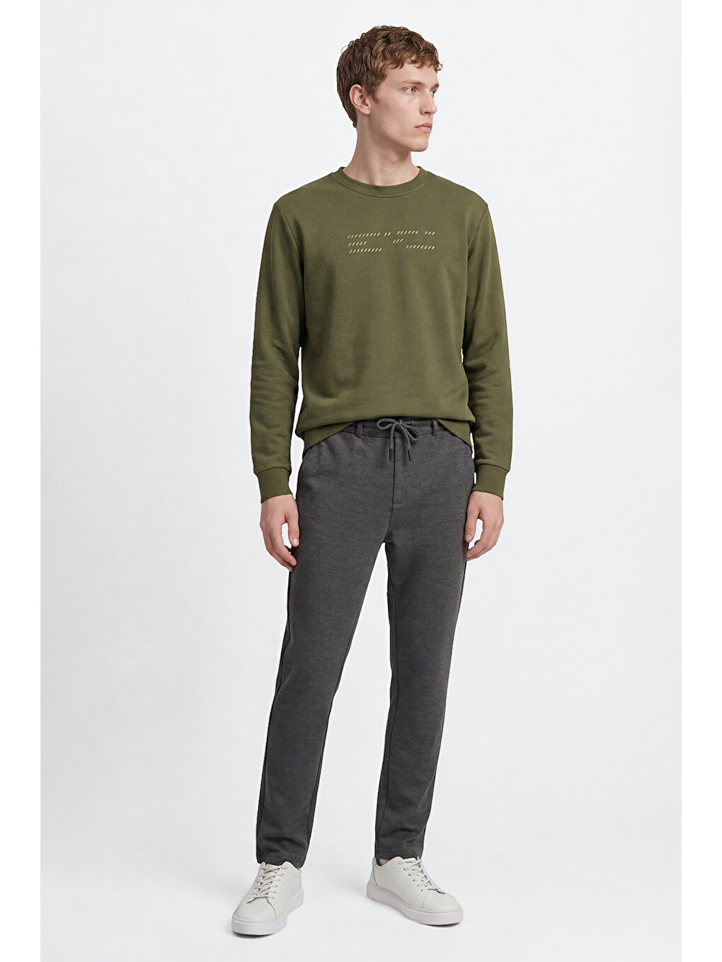 Erkek Haki Pamuklu Standart Fit Normal Kesim Bisiklet Yaka Sweatshirt-1