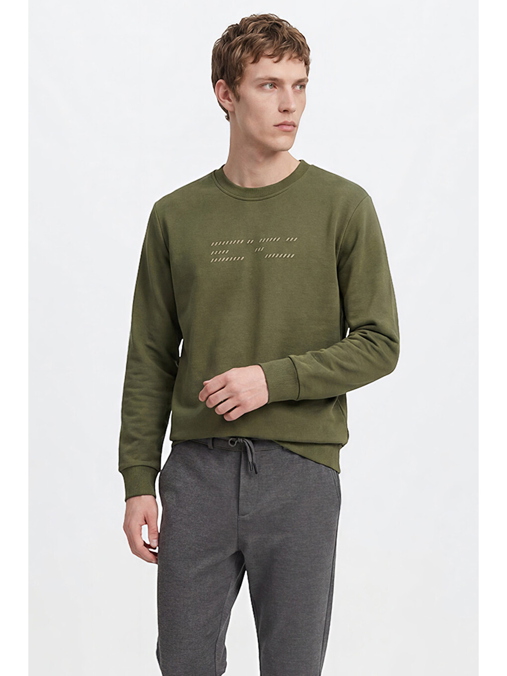 Erkek Haki Pamuklu Standart Fit Normal Kesim Bisiklet Yaka Sweatshirt-2
