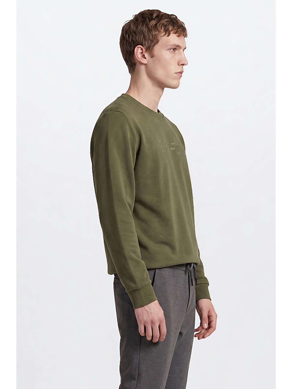 Erkek Haki Pamuklu Standart Fit Normal Kesim Bisiklet Yaka Sweatshirt-3