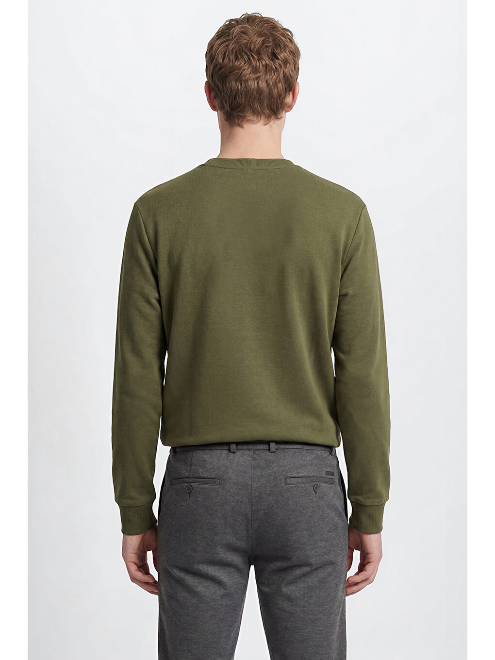 Erkek Haki Pamuklu Standart Fit Normal Kesim Bisiklet Yaka Sweatshirt-4