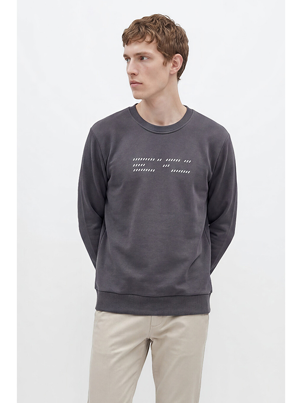 Erkek Antrasit Pamuklu Standart Fit Normal Kesim Bisiklet Yaka Sweatshirt-2