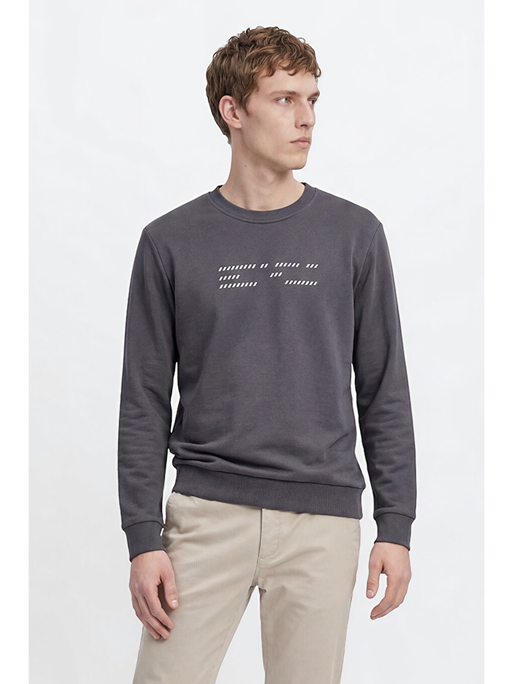 Erkek Antrasit Pamuklu Standart Fit Normal Kesim Bisiklet Yaka Sweatshirt-3