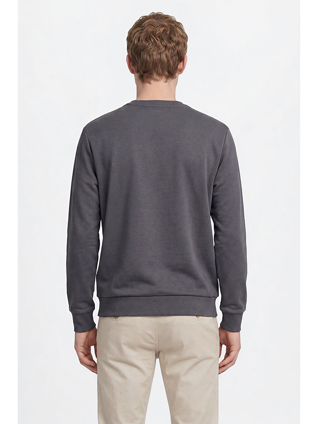 Erkek Antrasit Pamuklu Standart Fit Normal Kesim Bisiklet Yaka Sweatshirt-4