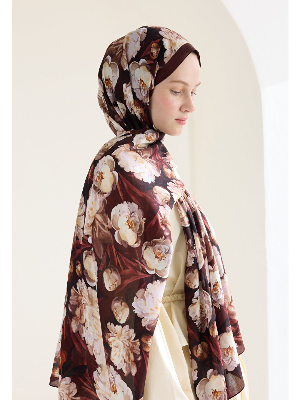 Kahverengi Lotus Floş Viskon Şal Kızıl Kahve-2