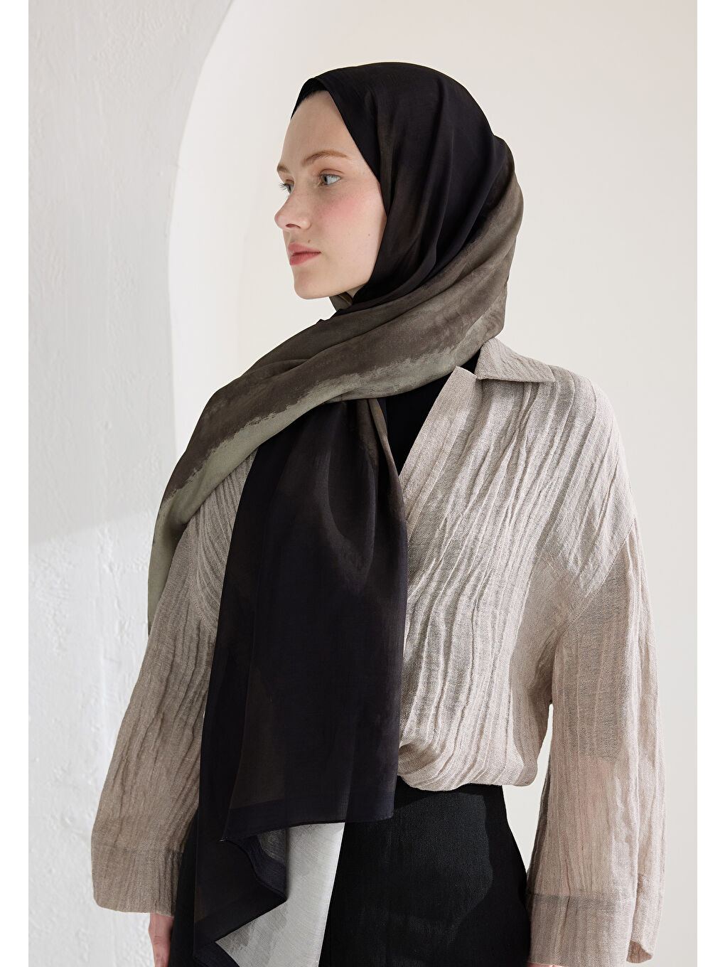 Bej Ombre Floş Viskon Şal Vizon-1