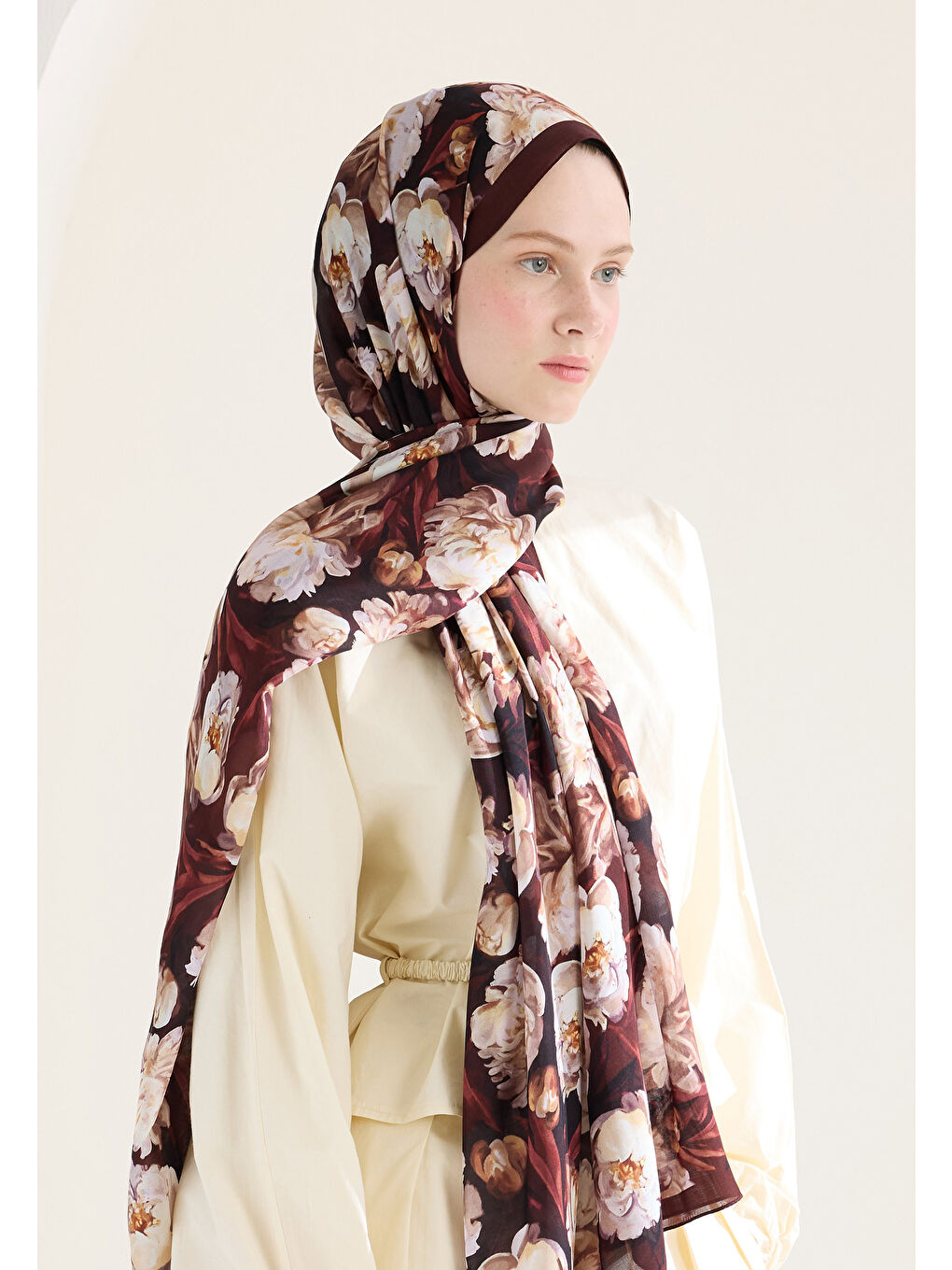Kahverengi Lotus Floş Viskon Şal Kızıl Kahve-1