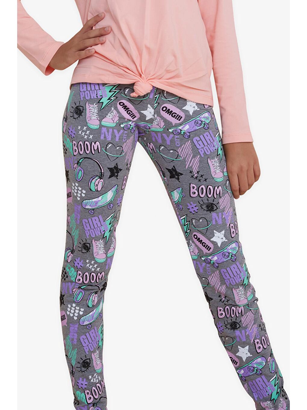 Kız Çocuk Tayt Çılgın Kız Temalı Gri Melanj (9-14 Yaş)-3