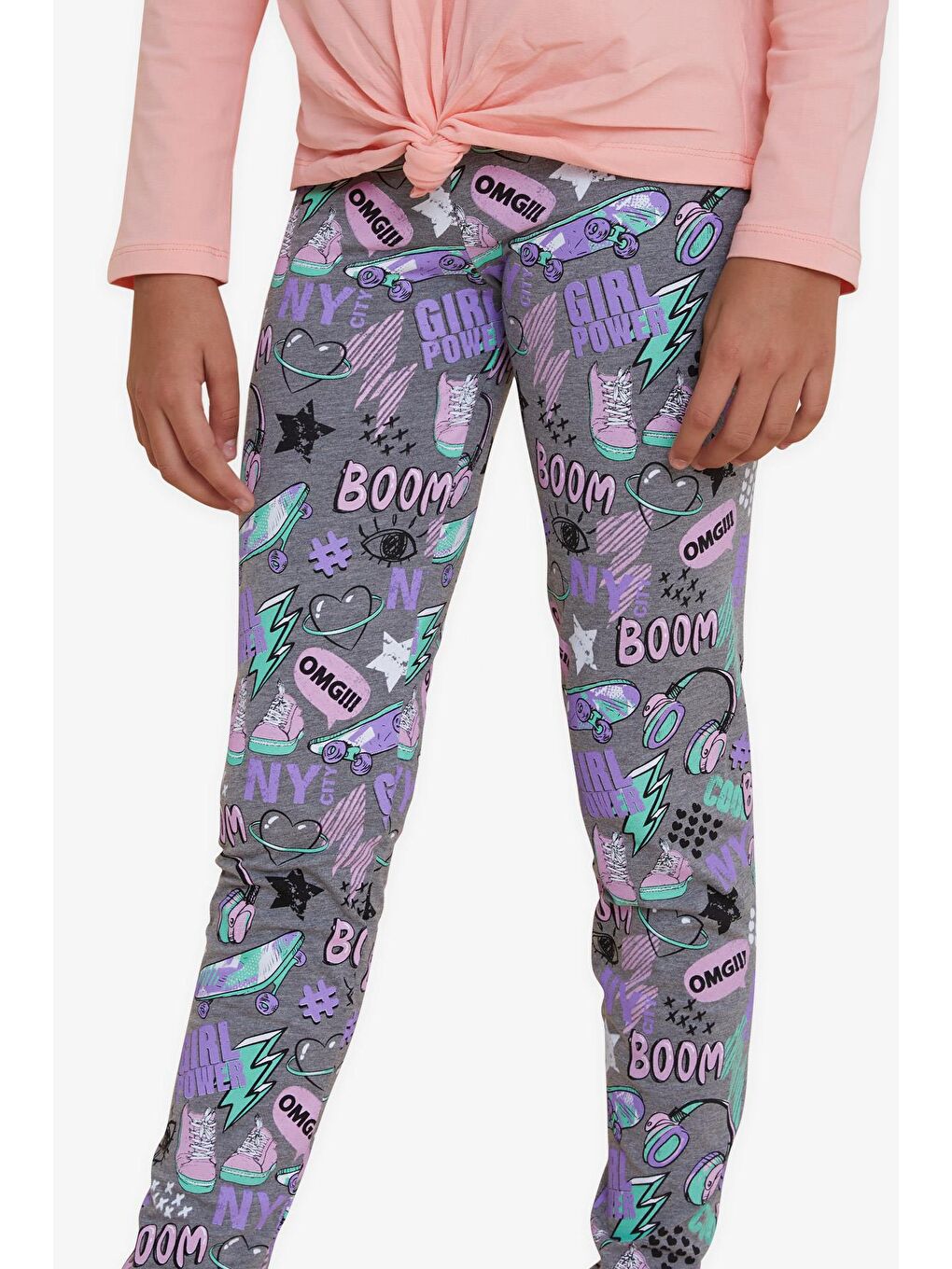 Kız Çocuk Tayt Çılgın Kız Temalı Gri Melanj (9-14 Yaş)-4