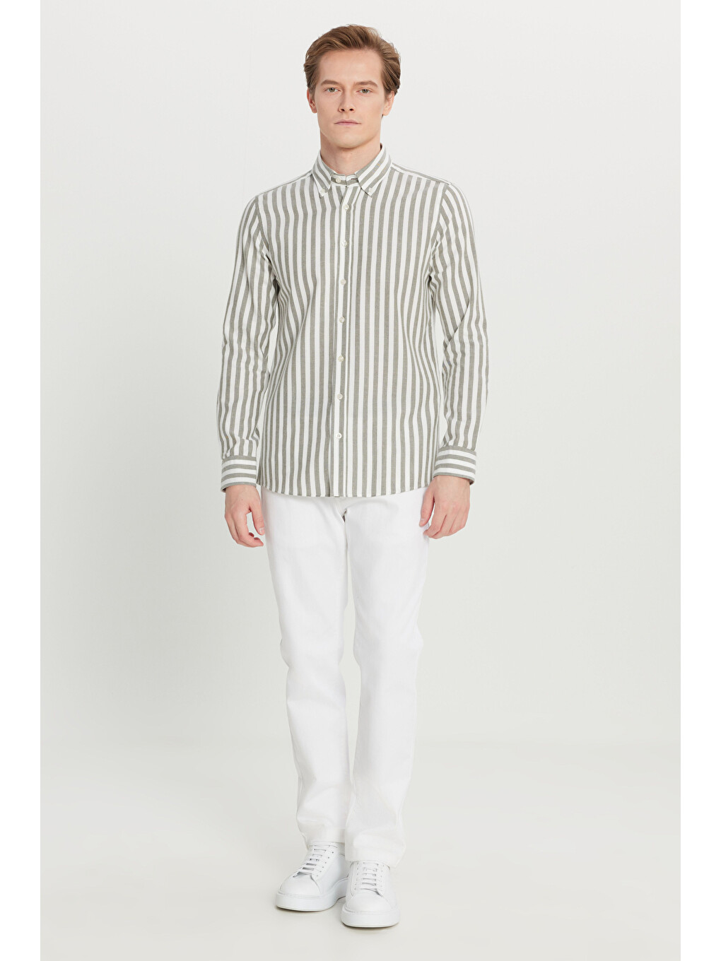 Erkek Haki-Beyaz %100 Pamuk Flanel Slim Fit Dar Kesim Düğmeli Yaka Çizgili Gömlek-1