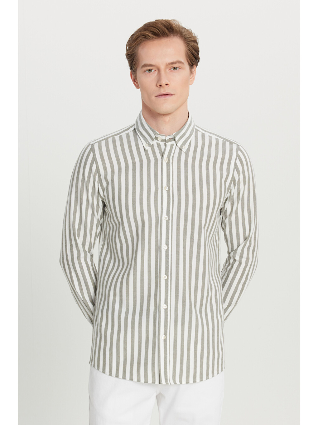 Erkek Haki-Beyaz %100 Pamuk Flanel Slim Fit Dar Kesim Düğmeli Yaka Çizgili Gömlek-2