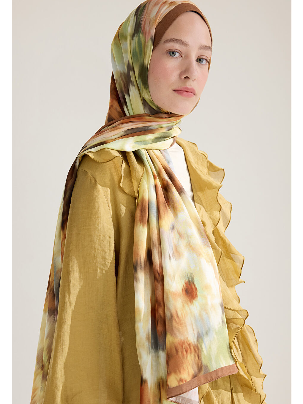 Kahverengi Sweet Peony Floş Viskon Şal Tarçın-1