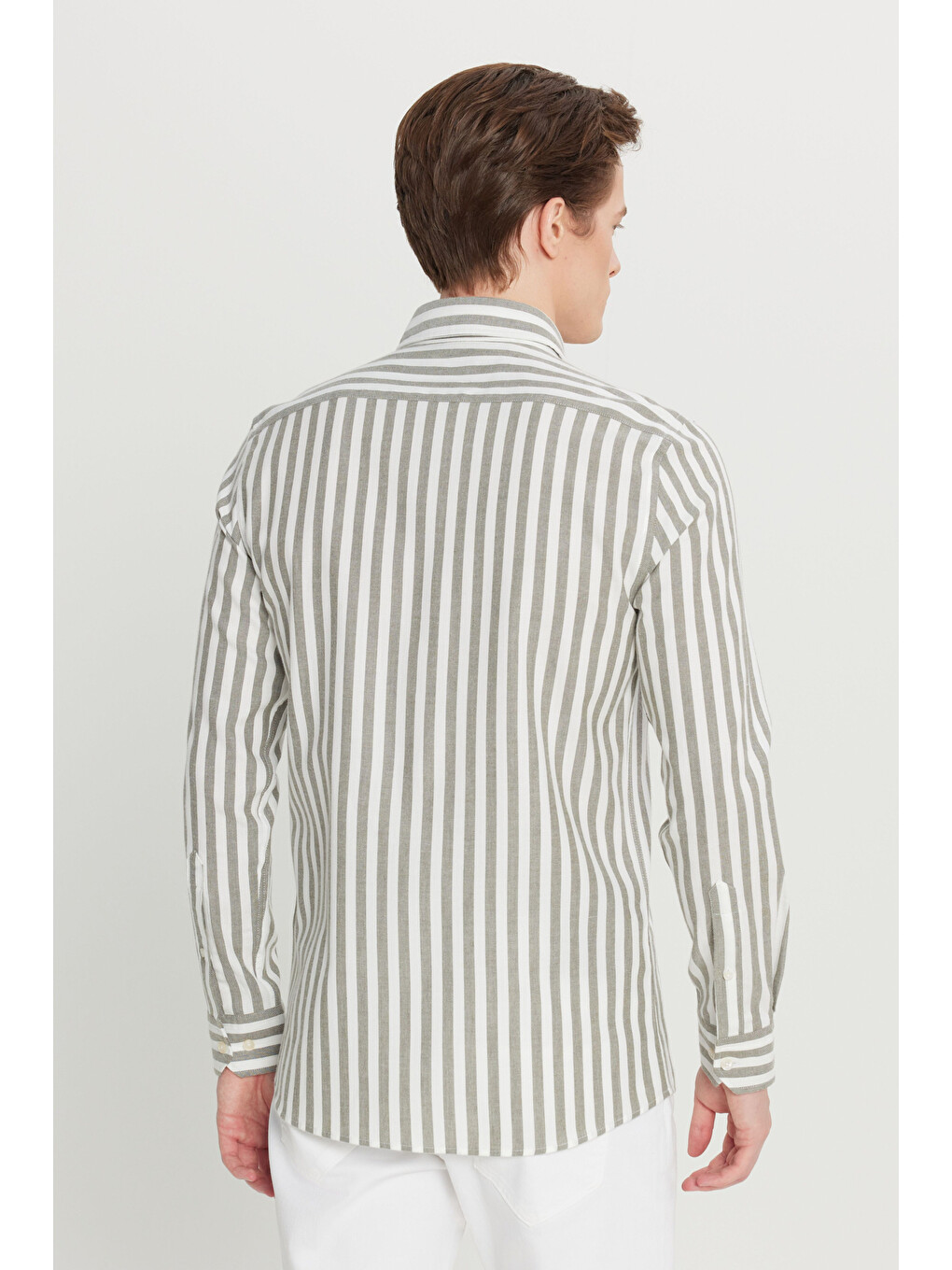 Erkek Haki-Beyaz %100 Pamuk Flanel Slim Fit Dar Kesim Düğmeli Yaka Çizgili Gömlek-4