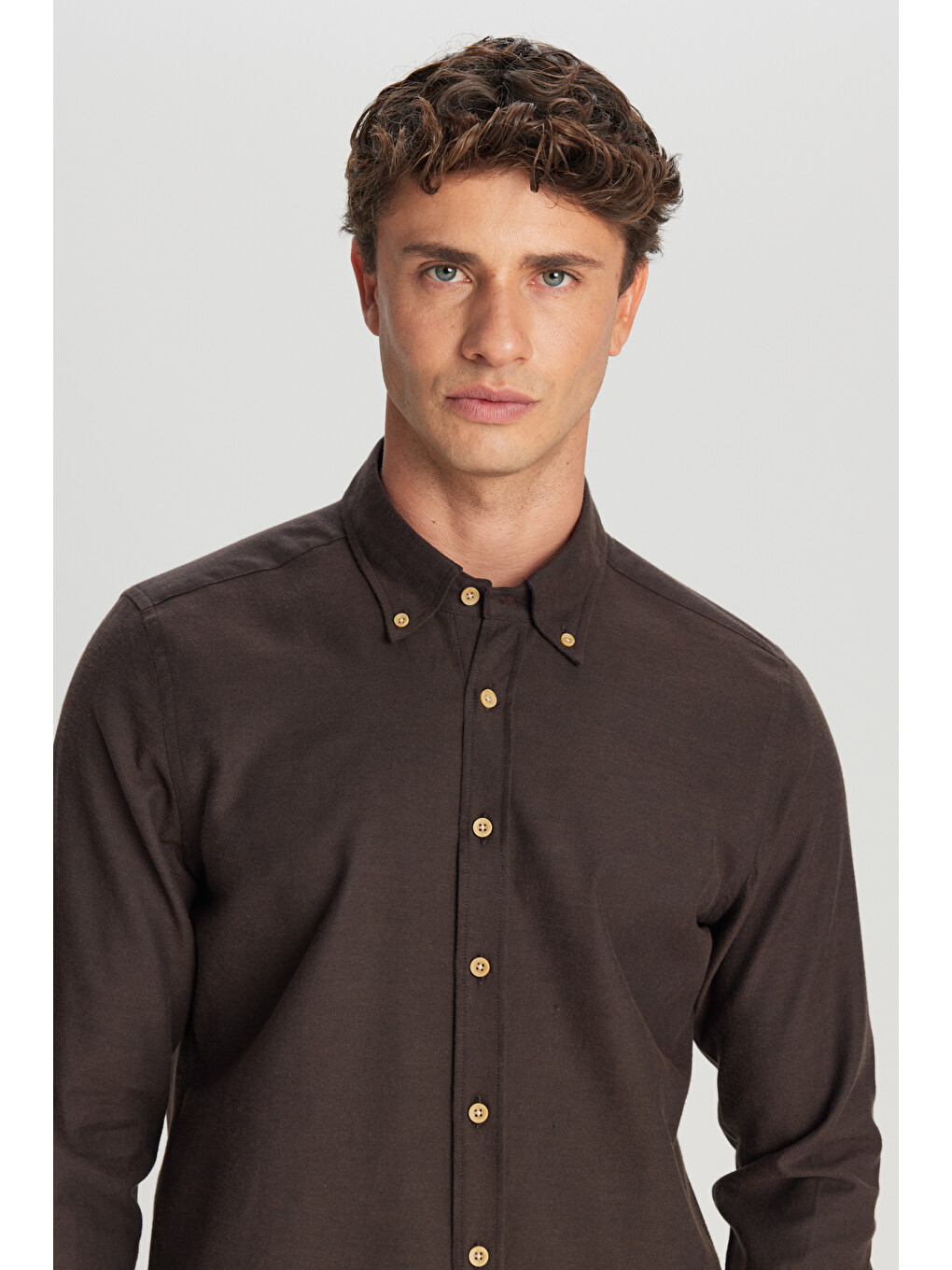 Erkek Kahverengi %100 Pamuk Slim Fit Dar Kesim Düğmeli Yaka Diagonal Desenli Flanel Gömlek-3