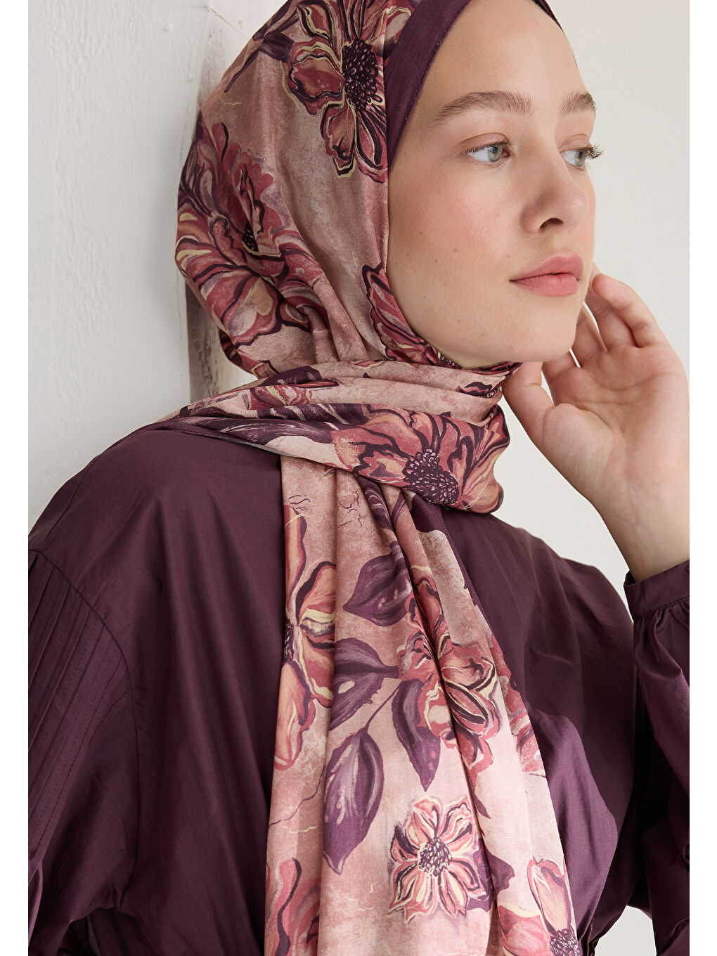 Pembe Jasmıne Floş Viskon Şal Gül Kurusu-3