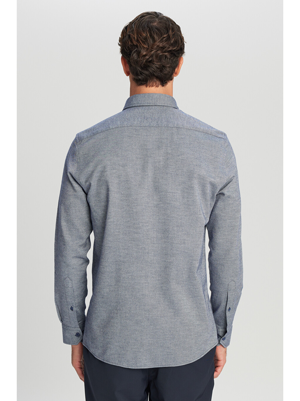 Erkek Lacivert %100 Pamuk Slim Fit Dar Kesim Düğmeli Yaka Diagonal Desenli Flanel Gömlek-4