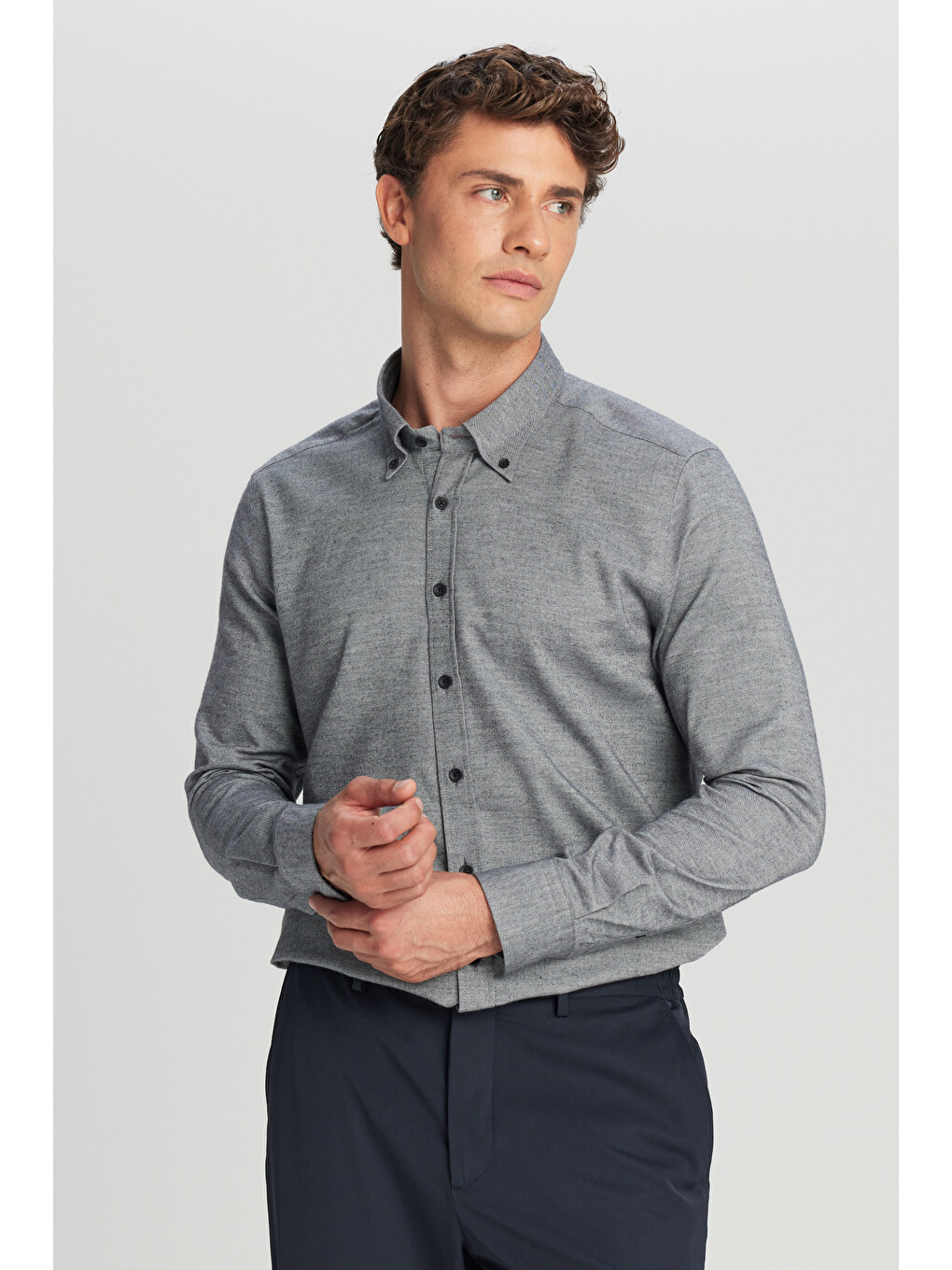 Erkek Antrasit %100 Pamuk Slim Fit Dar Kesim Düğmeli Yaka Diagonal Desenli Flanel Gömlek