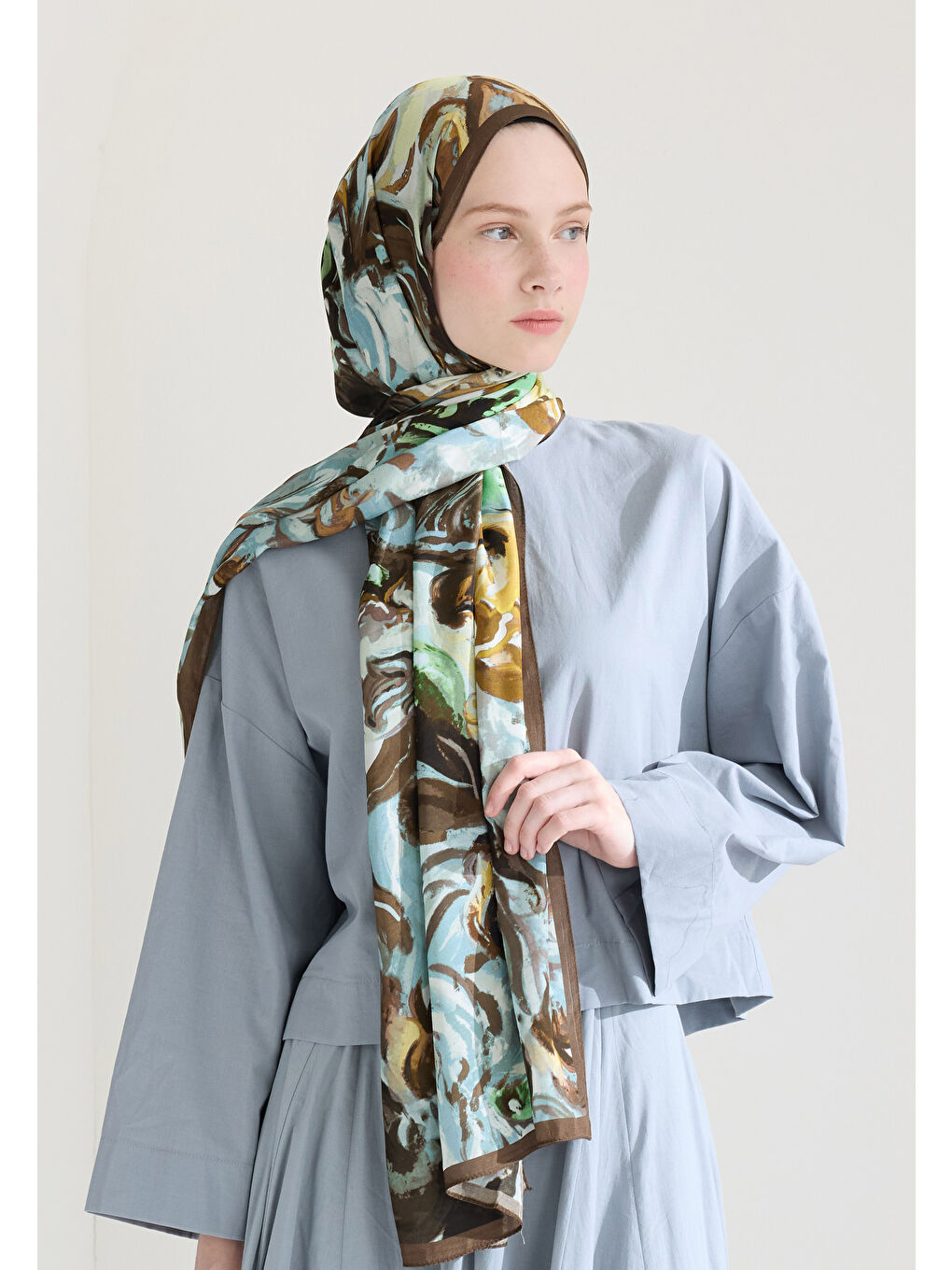 Kahverengi Rosıe Floş Viskon Şal Tozlu Kahve