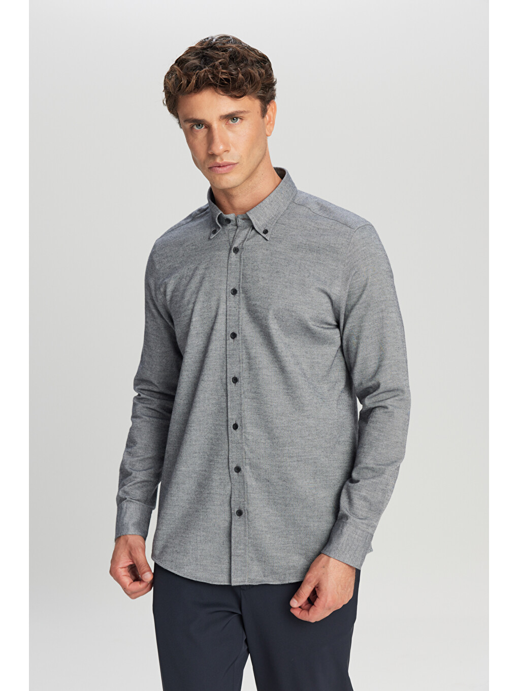 Erkek Antrasit %100 Pamuk Slim Fit Dar Kesim Düğmeli Yaka Diagonal Desenli Flanel Gömlek-2