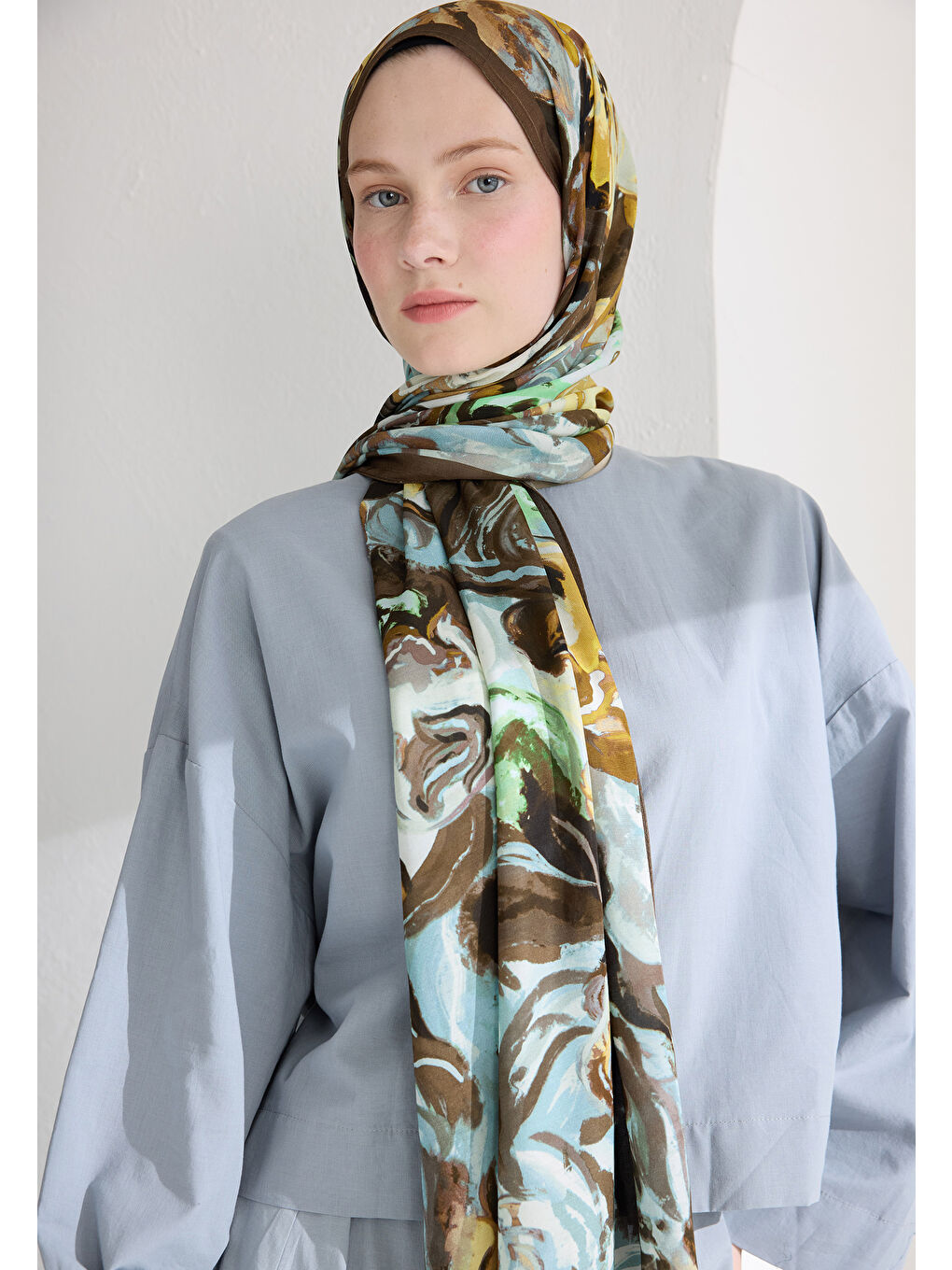 Kahverengi Rosıe Floş Viskon Şal Tozlu Kahve-3