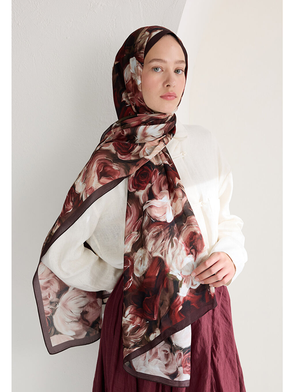 Rose Garden Floş Viskon Şal Bordo-1