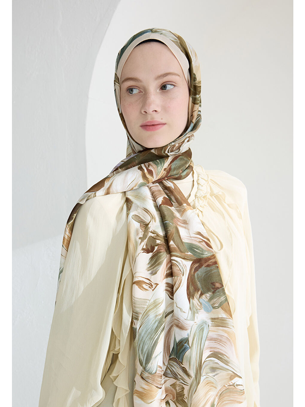 Bej Vanılla Blossom Floş Viskon Şal Nude-1