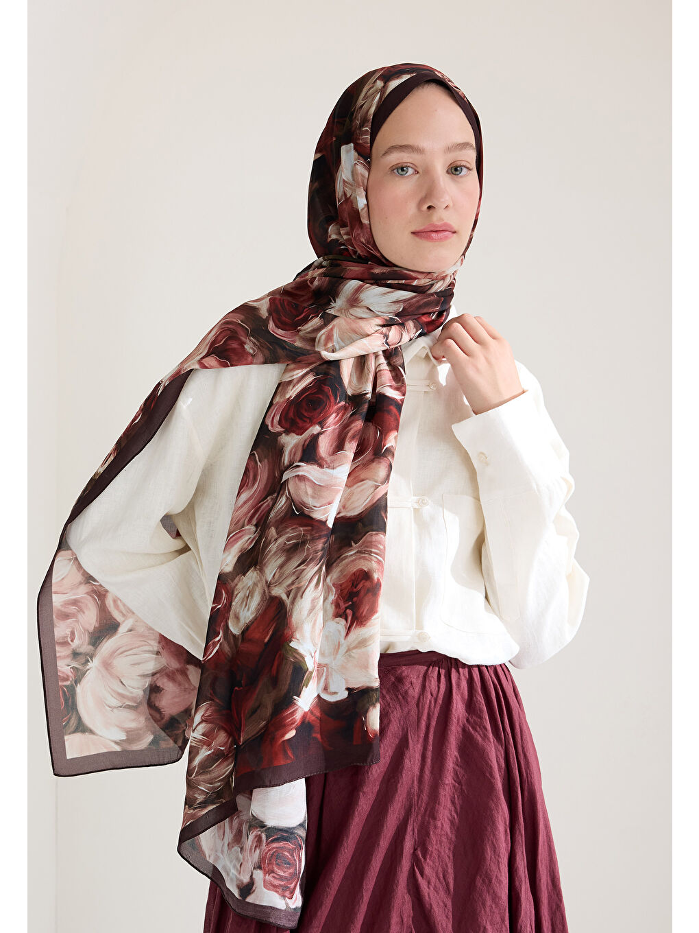 Rose Garden Floş Viskon Şal Bordo-2