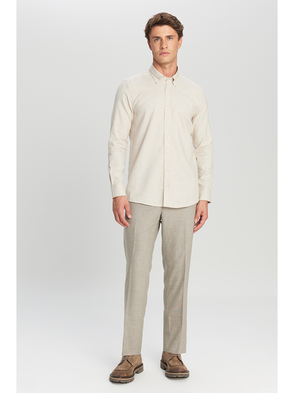 Erkek Bej %100 Pamuk Slim Fit Dar Kesim Düğmeli Yaka Diagonal Desenli Flanel Gömlek-1