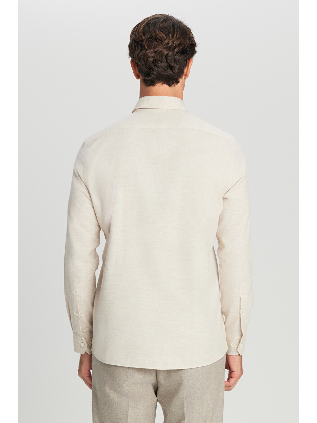 Erkek Bej %100 Pamuk Slim Fit Dar Kesim Düğmeli Yaka Diagonal Desenli Flanel Gömlek-4