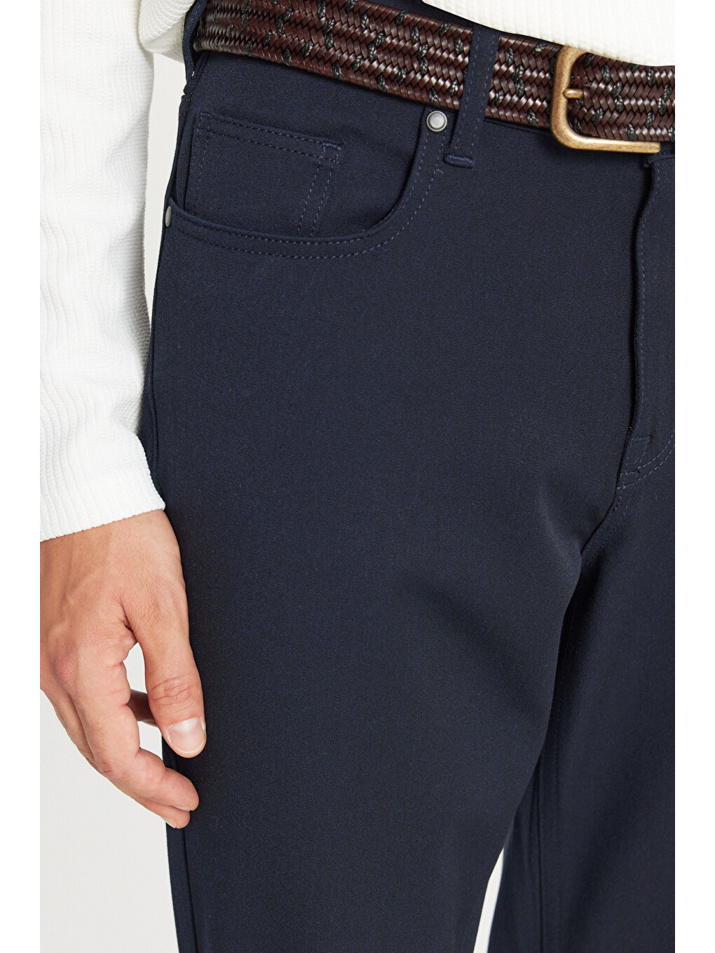 Erkek Lacivert Yumuşak Dokulu Slim Fit Dar Kesim 5 Cepli Esnek Casual Pantolon-3