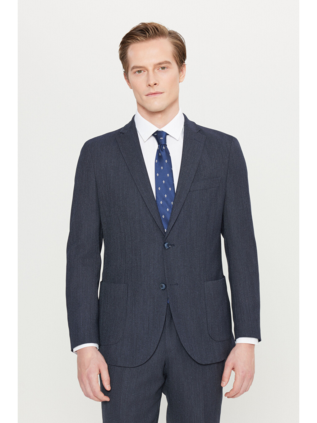 Erkek Lacivert Yünlü Slim Fit Dar Kesim Mono Yaka Torba Cepli Desenli Esnek Takım Elbise