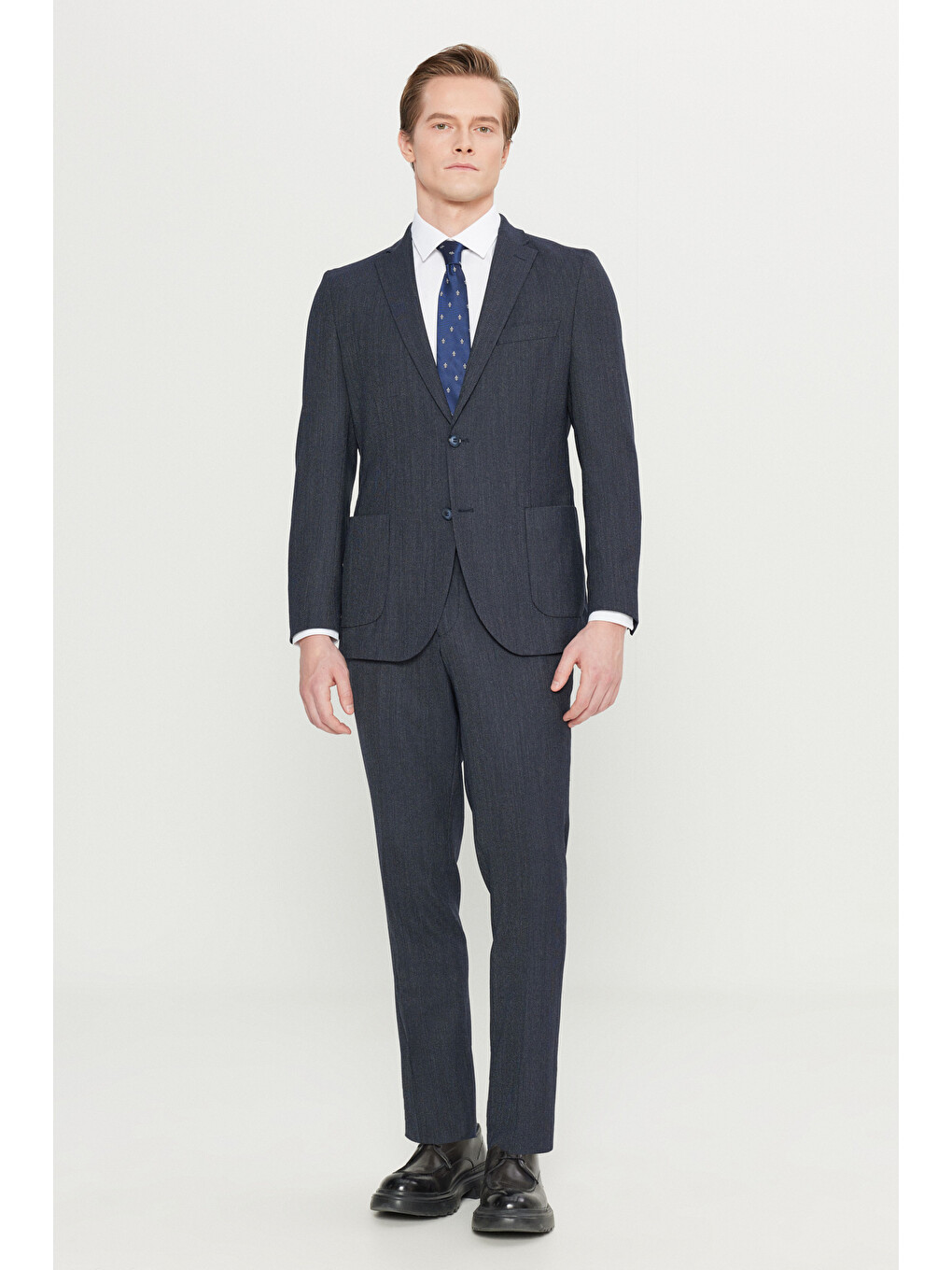 Erkek Lacivert Yünlü Slim Fit Dar Kesim Mono Yaka Torba Cepli Desenli Esnek Takım Elbise-2