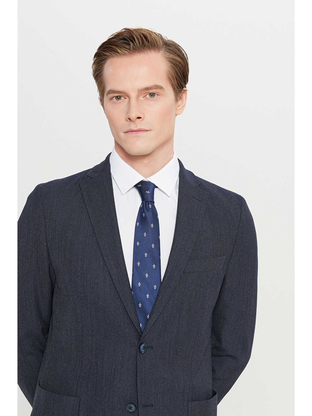 Erkek Lacivert Yünlü Slim Fit Dar Kesim Mono Yaka Torba Cepli Desenli Esnek Takım Elbise-3