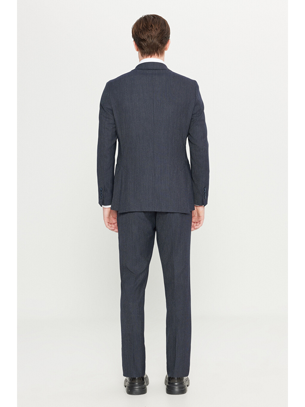 Erkek Lacivert Yünlü Slim Fit Dar Kesim Mono Yaka Torba Cepli Desenli Esnek Takım Elbise-5
