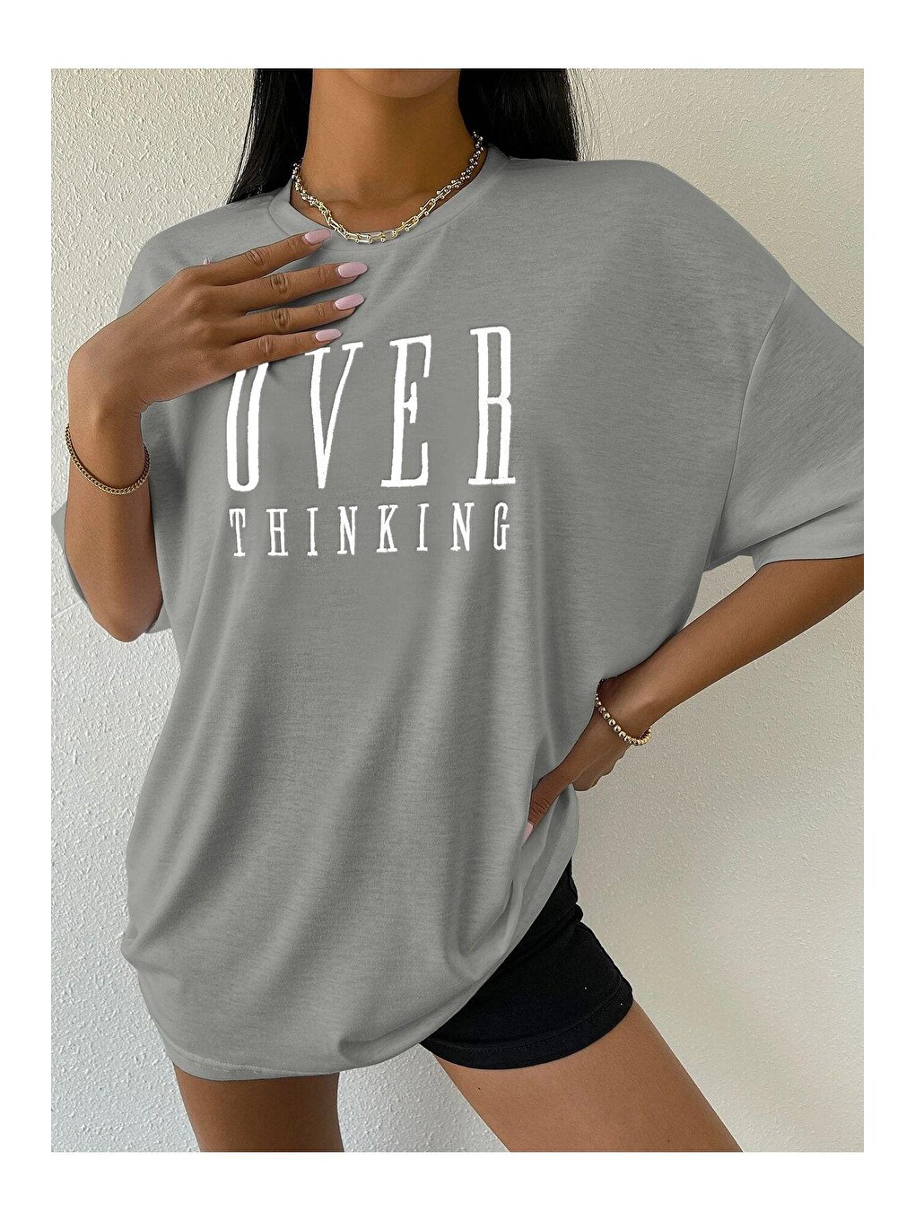 Kadın Boyamalı Gri Over Thinking Baskılı Oversize T-shirt-1