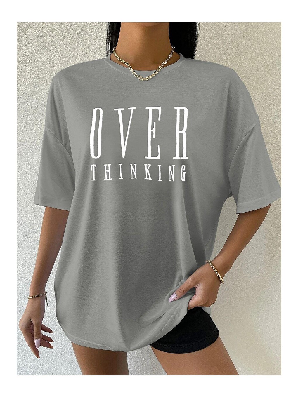 Kadın Boyamalı Gri Over Thinking Baskılı Oversize T-shirt-2