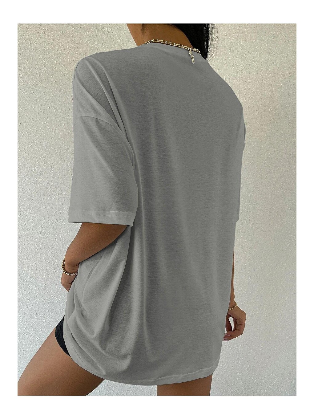 Kadın Boyamalı Gri Over Thinking Baskılı Oversize T-shirt-3