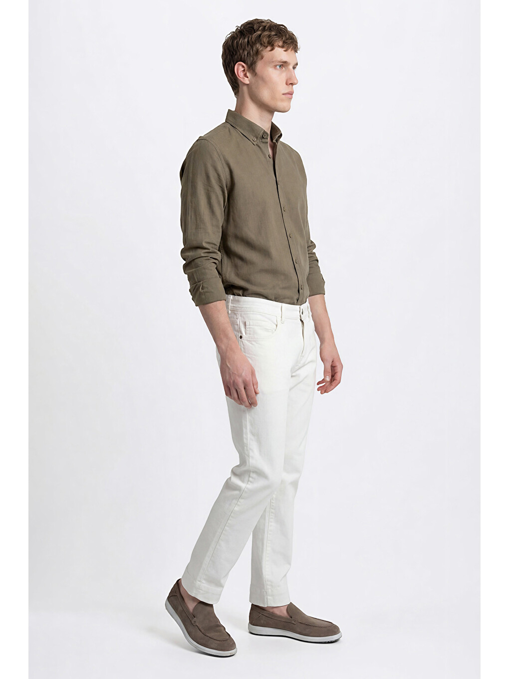 Erkek K.Haki %100 Pamuk Oxford Slim Fit Dar Kesim Düğmeli Yaka Flamlı Gömlek-1