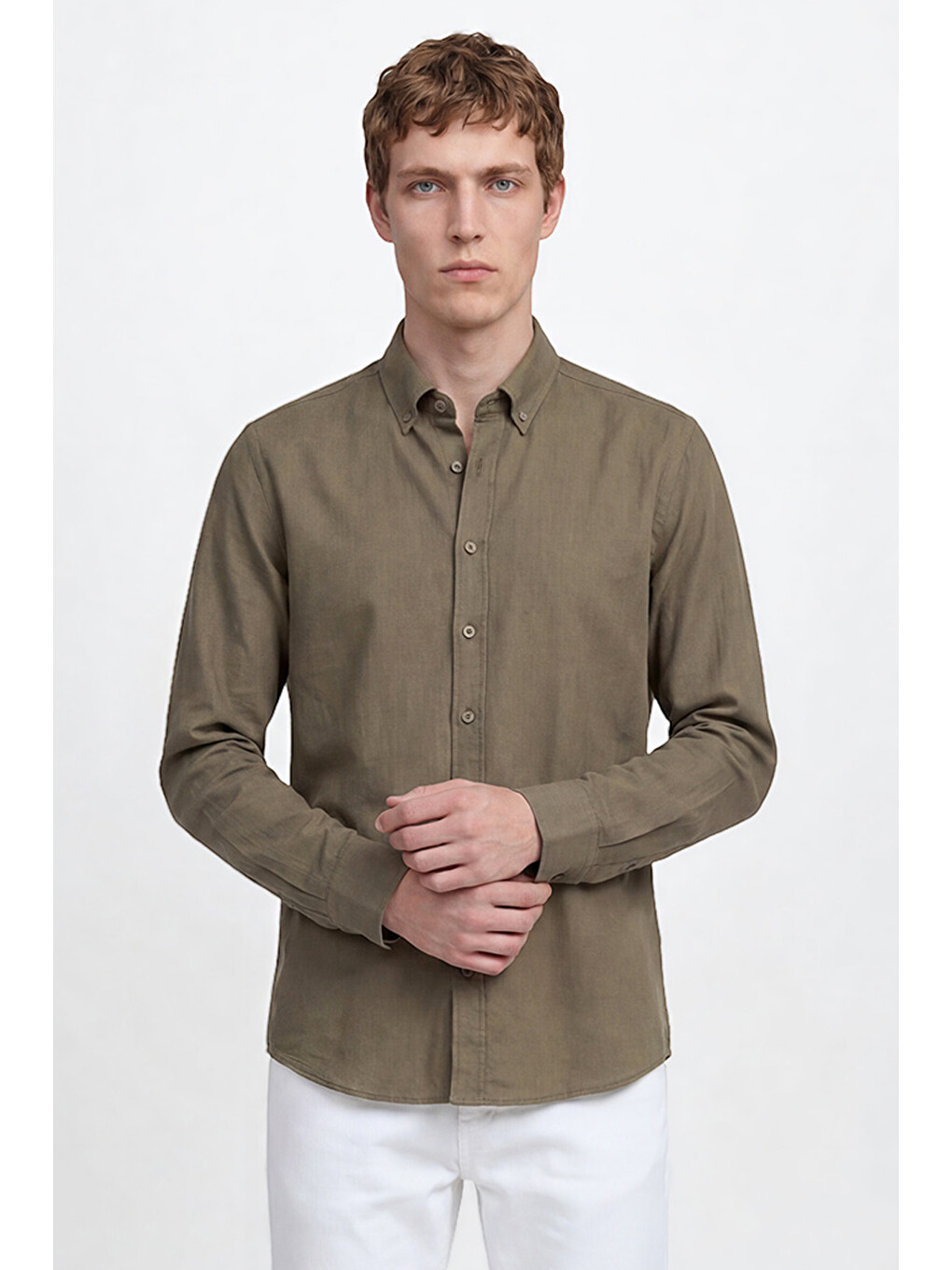 Erkek K.Haki %100 Pamuk Oxford Slim Fit Dar Kesim Düğmeli Yaka Flamlı Gömlek-2