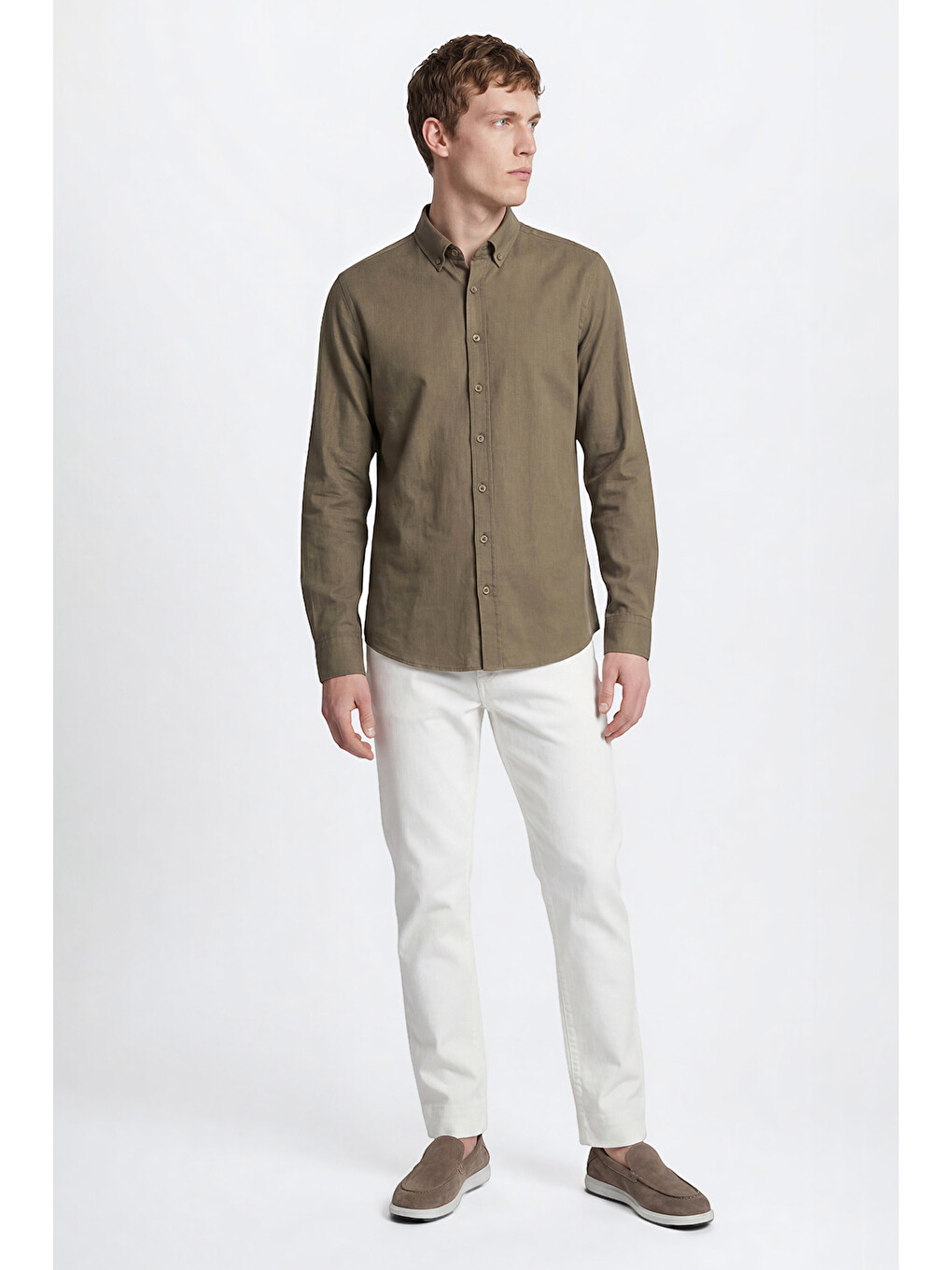 Erkek K.Haki %100 Pamuk Oxford Slim Fit Dar Kesim Düğmeli Yaka Flamlı Gömlek-3