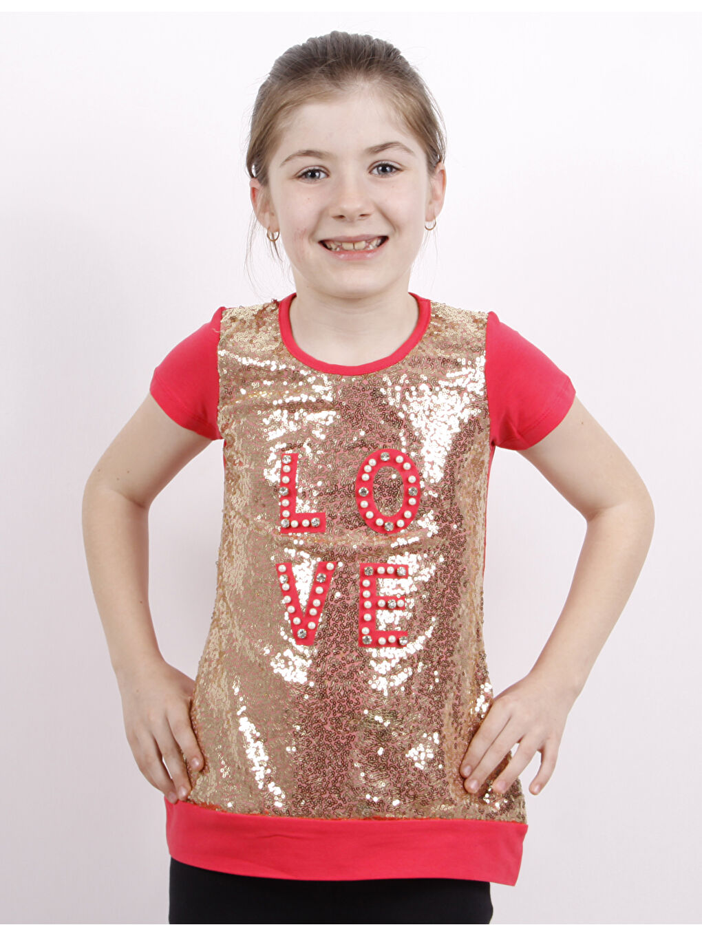 Kırmızı Kız Çocuk Önü Komple Pullu Tişört