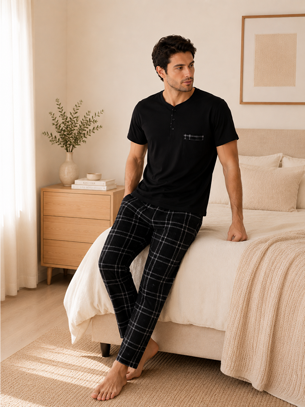 Siyah PREMIUM Erkek %100 Doğal Pamuk Ekoseli Yüksek Kaliteli Düğmeli Kısa Kollu Pijama Takımı