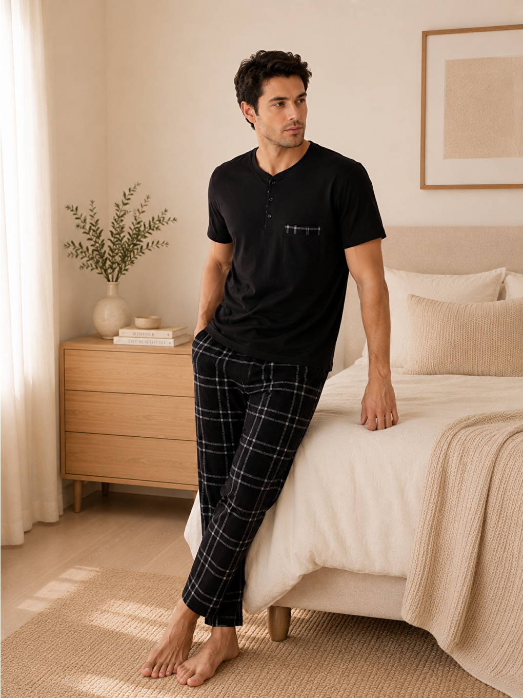 Siyah PREMIUM Erkek %100 Doğal Pamuk Ekoseli Yüksek Kaliteli Düğmeli Kısa Kollu Pijama Takımı-1
