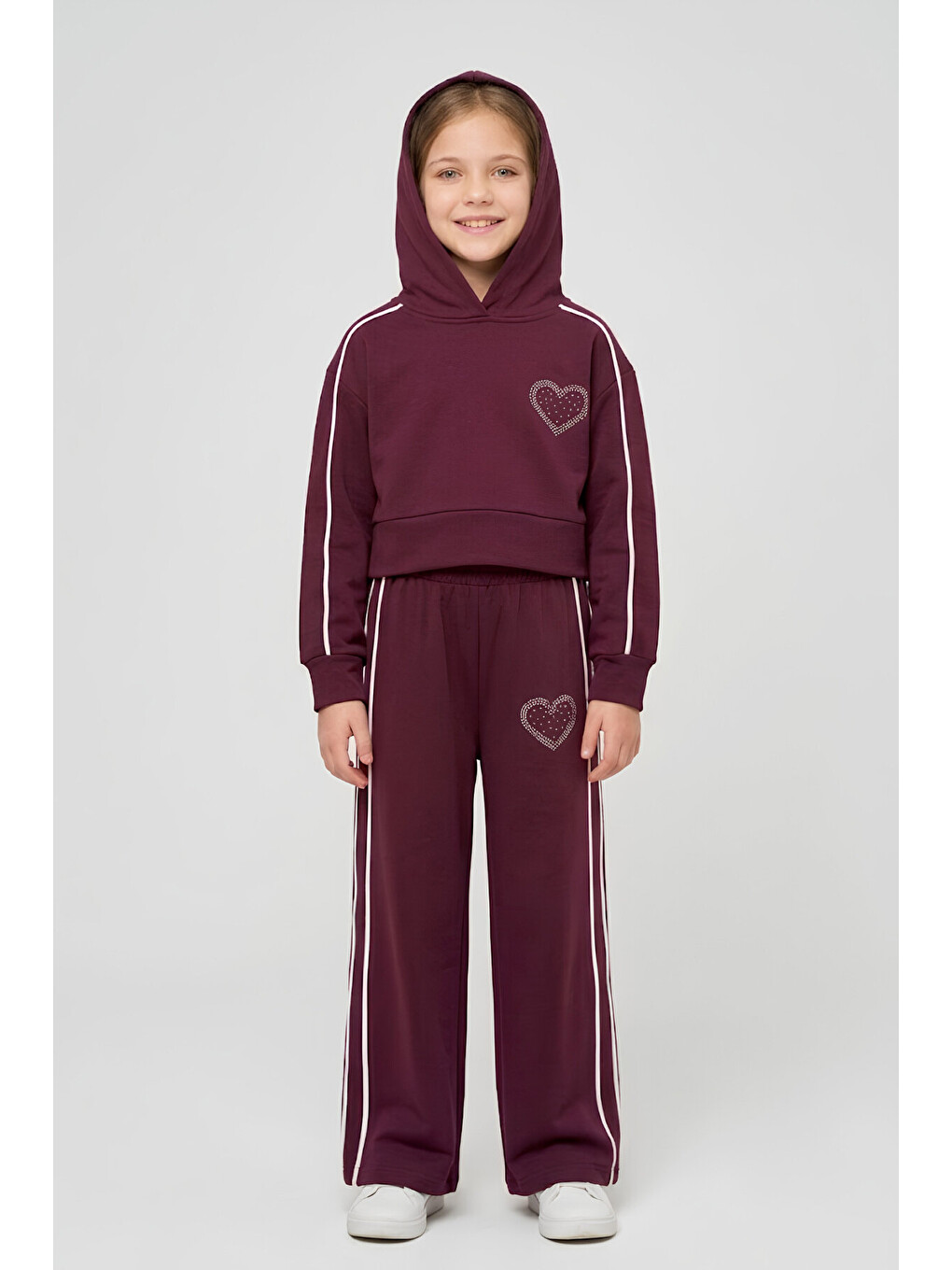 Mürdüm Kız Çocuk Double Face Kumaş Kapüşonlu Alt-üst Takım 3-12 Yaş 12754ds-1