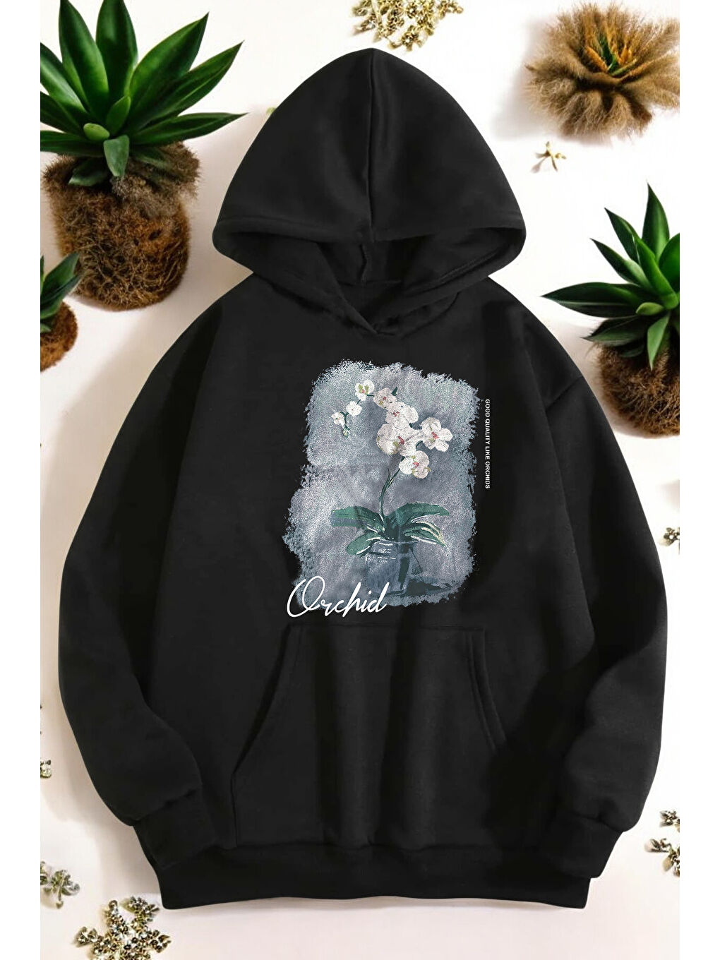 uyguntarz Siyah Orkide Tuval Baskılı Unisex Oversize Sweatshirt