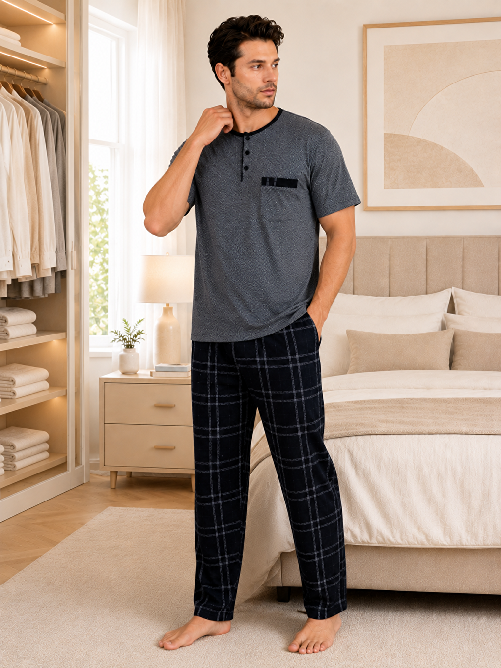 Gri PREMIUM Erkek %100 Doğal Pamuk Ekoseli Yüksek Kaliteli Düğmeli Kısa Kollu Pijama Takımı-1